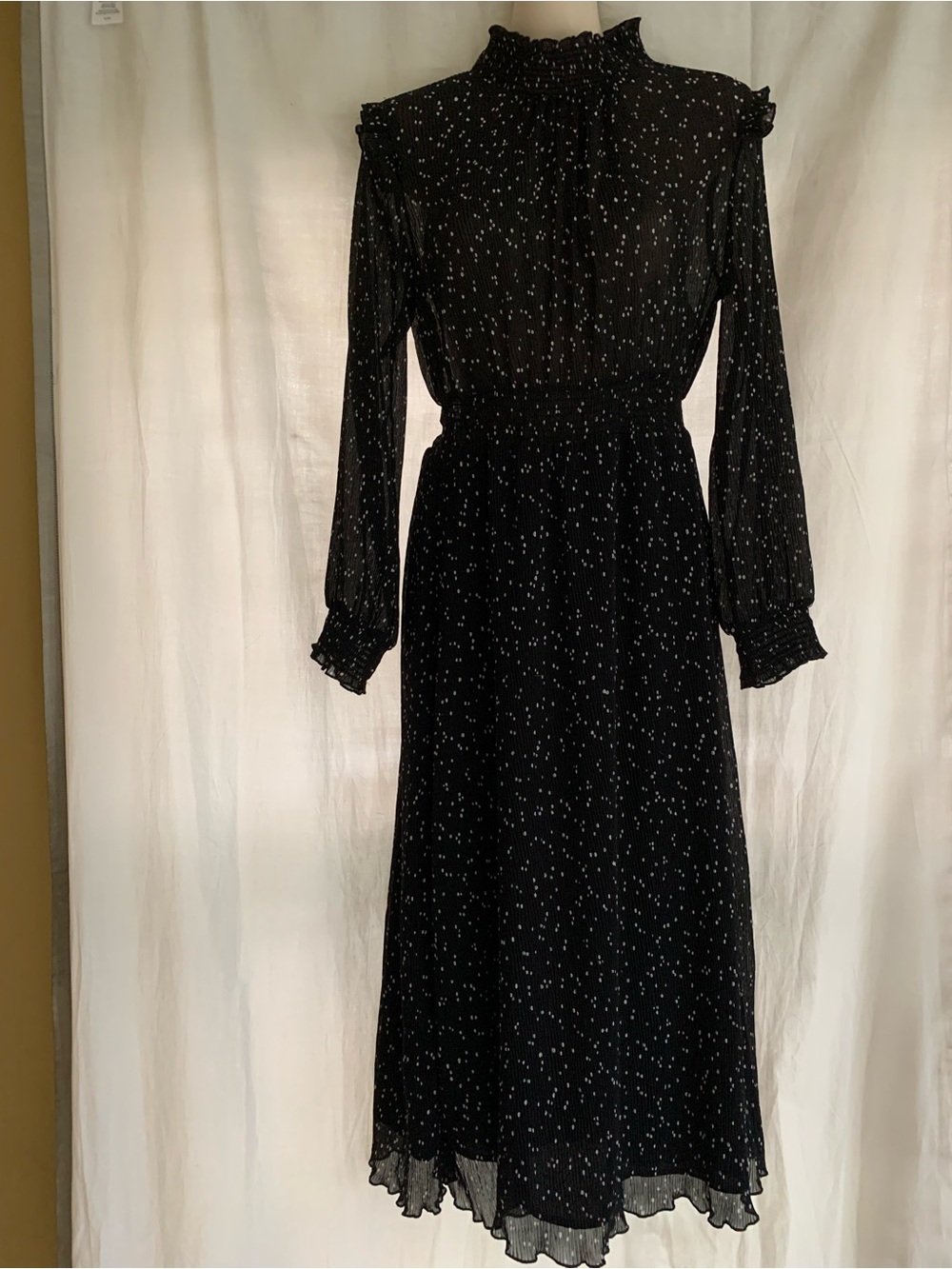 Zara Black Polka Dot Long-Sleeve Ruffle Neck Midi Dress-Size XS- NWT
